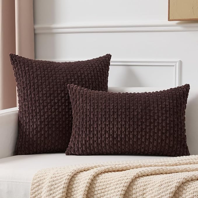 Kevin Textile Decorative Pillow Covers Set of 2 Striped Plush Corduroy Pillows Pillowcases Boho Home Decor Cushion Covers for Couch Sofa Bed Living Room 18x18 Inch, Coffee