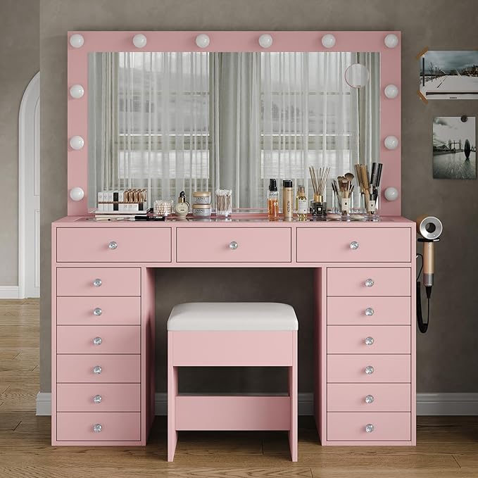 15 Drawers Makeup Vanity with Charging Station, Vanity Desk with 12 LED Bulbs and HD Mirror, 3 Color Brightness Adjustable, Vanity Set for Bedroom, Pink
