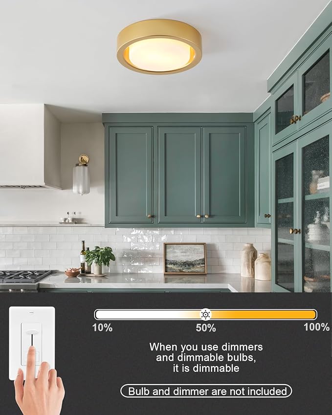 13 Inch Flush Mount Ceiling Light,Gold Finish Plate with Frosted Glass Shade,Round Ceiling Lighting Fixture for Hallway Bedroom Closet Livingroom Kitchen Stairwell (Gold)