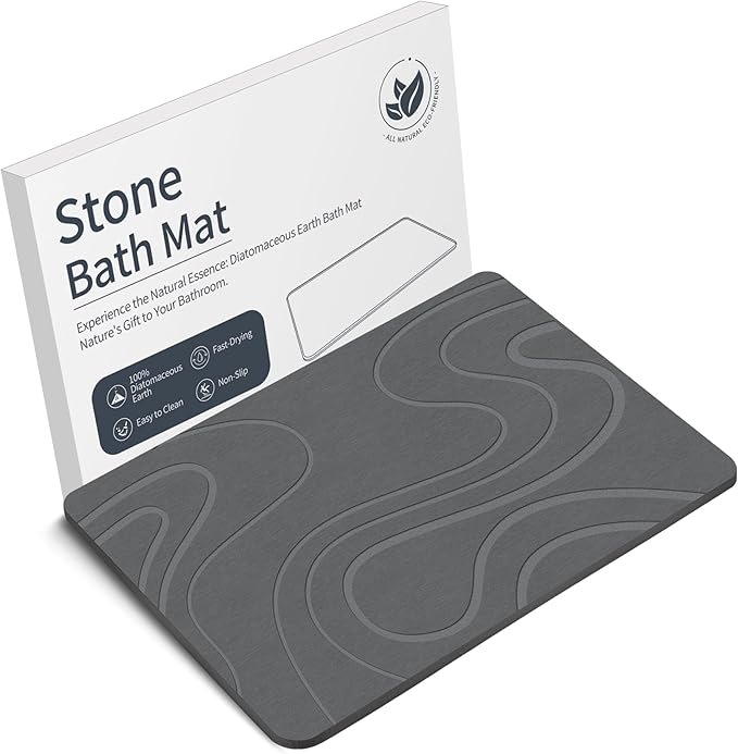 Stone Bath Mat Diatomaceous Earth Shower Mat Non-Slip Super Absorbent Diatomite Stone Bath Mats for Bathroom Floor Quick Drying Natural Easy to Clean(23.6''×15.4" Gray)