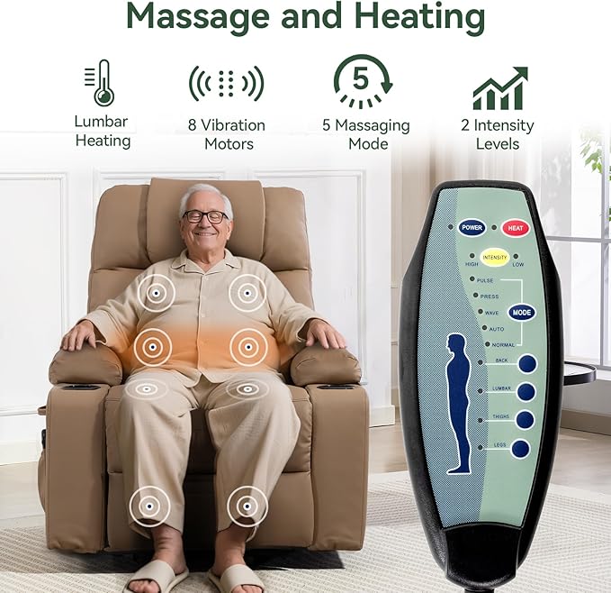 Power Lift Recliner Chair for Elderly with Heat & Massage, 160° Electric Adjustable PU Leather Recliner with Remote Control, Stand Assist, Cup Holders & Side Pockets for Living Room (Brown)