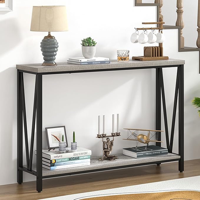 FOLUBAN Industrial Sofa Console Table, Rustic Wood and Metal Entryway Hallway Table for Living Room Entrance, 43.3 Inch Light Grey