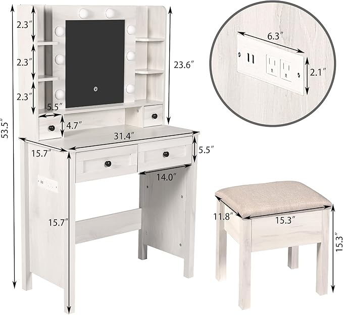 MISHAO Vanity Desk with Mirror and Lights, 31.4" Makeup Vanity with Power Strip, Dressing Table Set with 2 Large Drawers & Storage Stool,Vanity Mirror 3 Lighting Color Adjustable, Oak White