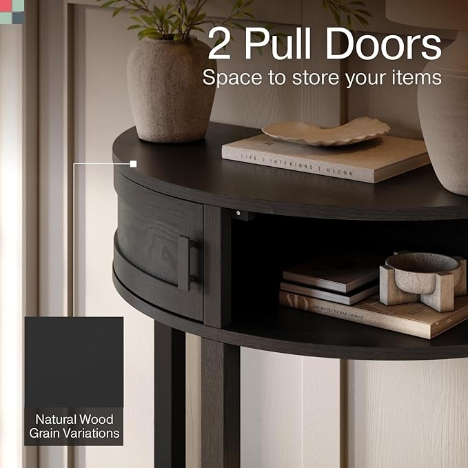 Farmhouse Half Moon Console Table - Blackened Oak Rustic Wood - Narrow Console Table with Storage & Black Knobs - Hallway, Entryway & Living Room Furniture - Entryway Furniture - Hallway Decor