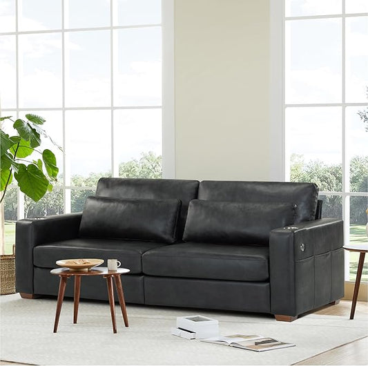 89" Sofa Couch for Living Room Faux Leather Upholstered Couch with Deep Seats and Wide Armrests 3 Seater Comfy Sofa with Cup Holders, USB & Type-C Ports, Spring Cushion, Solid Wood Frame Black