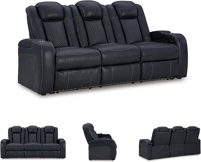 Signature Design by Ashley Fyne-Dyme Contemporary Power Reclining Sofa with USB Charging Ports and Adjustable Headrest, Blue