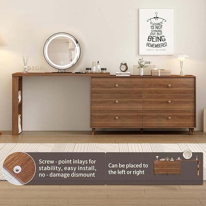 Makeup Vanity Desk with Full Aluminum HD Lighted Mirror, 50-90in Extendable Modern Vanity Table, 6-Drawer Solid Wood FrameStorage Cabinet, Dressing Table for Bedroom (Brown, 6-drawer-47.2)