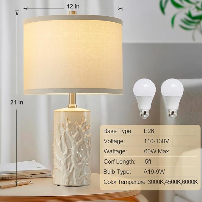 Luvkczc 21" Modern Ceramic Table Lamps Set of 2 for Living Room White Desk Lamps for Bedroom Decor Farmhouse Table Lamp nightstand lamp for Office Dorm