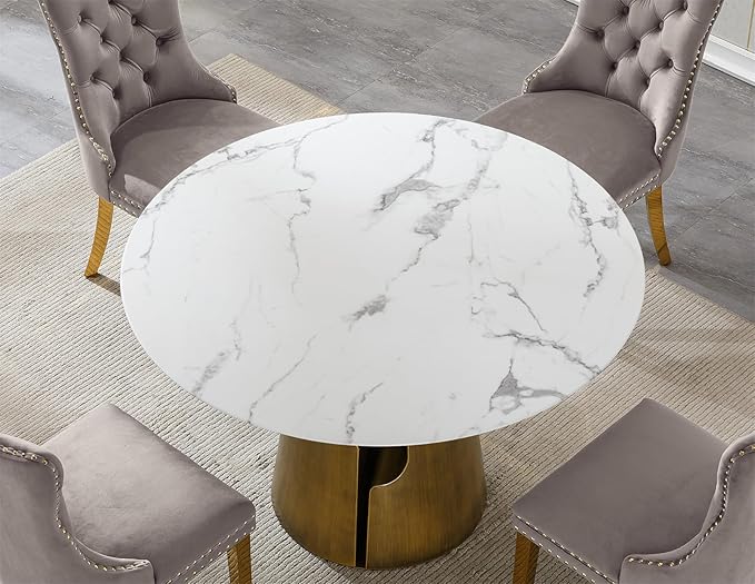 5-Piece Faux Marble Round Dining Table Set for 4, Modern Luxury Kitchen Table Set for 4 with Grey Tufted Chairs,Circle Dining Tables with White Marble Grain Top and Bronze Pedestal Base