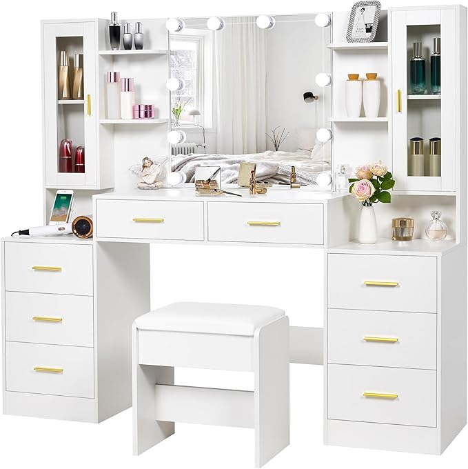 ANWBROAD 59.1" Large Vanity Desk Table with Mirror & Lights White Makeup Vanity with Power Outlet and 8 Drawers 3 Lighting Modes Adjustable Vanity Table for Girl Women Bedroom Dressing Room UBDT67W