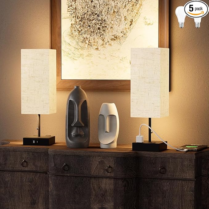 Table Lamp for Bedroom with USB,Bedside Lamp with USB C+A Charging Ports,Adjustable 3color LED Light for Home Decor/Nightstand/Office,Included Bulb and Fabric Lamp Shade (Linen White, 2PCS)