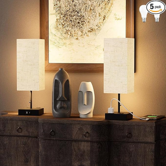 Table Lamp for Bedroom with USB,Bedside Lamp with USB C+A Charging Ports,Adjustable 3color LED Light for Home Decor/Nightstand/Office,Included Bulb and Fabric Lamp Shade (Linen White, 2PCS)
