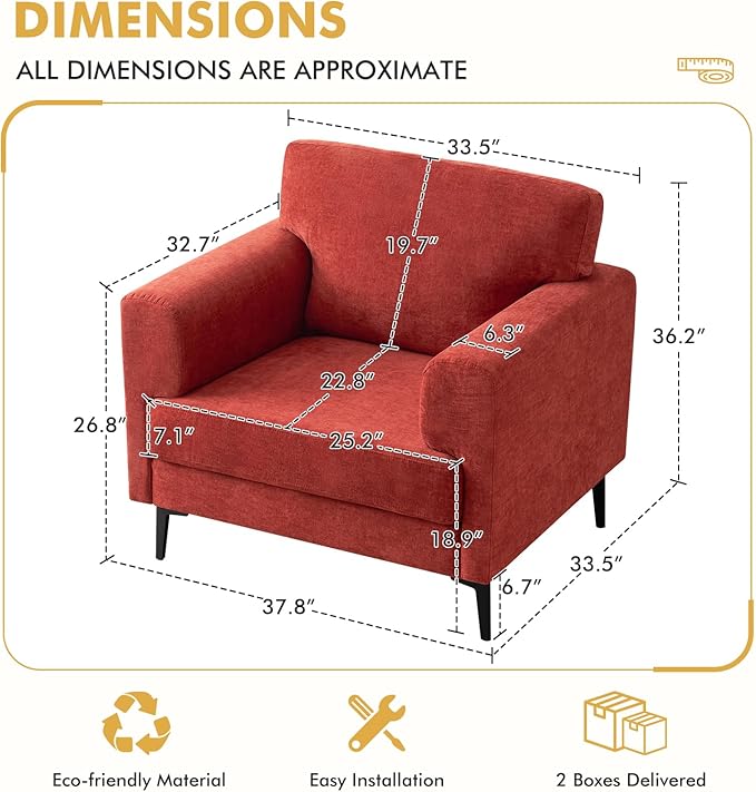 CDCASA Accent Chair, Chenille Fabric Oversized Mid Century Modern Chair Set of 2, Comfy Upholstered Armchair Reading Accent Chairs Sofa Chairs for Bedroom Living Room, Terracotta