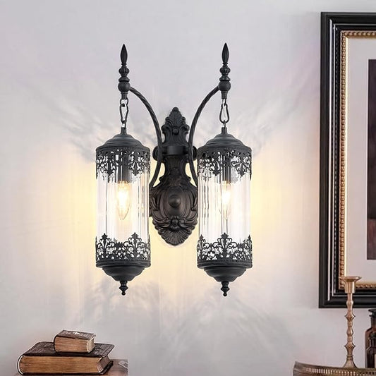 Rustic Glass Wall Sconce Vintage 2-Lights Antique Gothic Wall Light Fixture Retro Farmhouse Mid Centry Lantern Wall Sconce for Bedroom, Living Room, Mirror, Black, E12