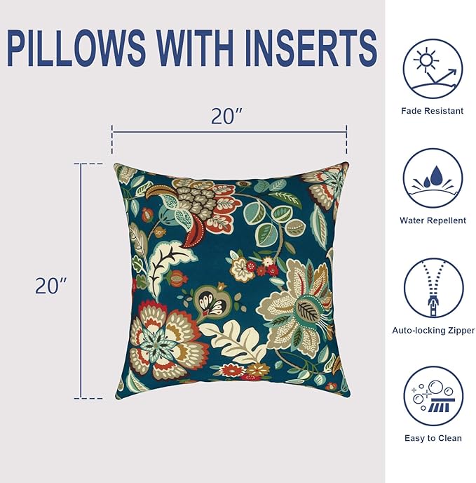 Outdoor Throw Pillows with Inners, All Weather Patio Pillows Set of 2, Square Pillows Decorative for Home Garden Furniture, 20x20 Inch, Peacock Blue