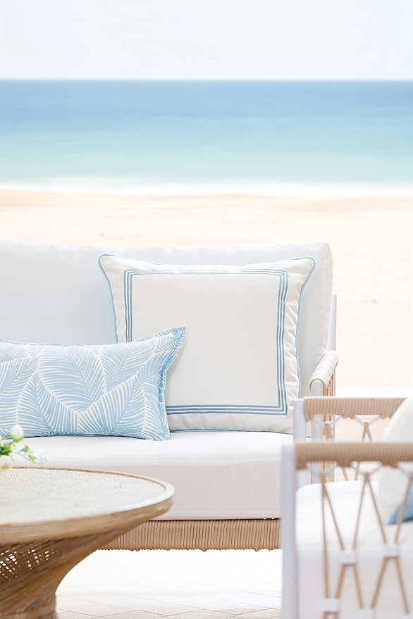 Hofdeco Premium Coastal Hampton Style Patio Indoor Outdoor Lumbar Pillow Cover Only, 12"x20" Water Resistant for Backyard, Couch, Baby Blue Palm Leaf