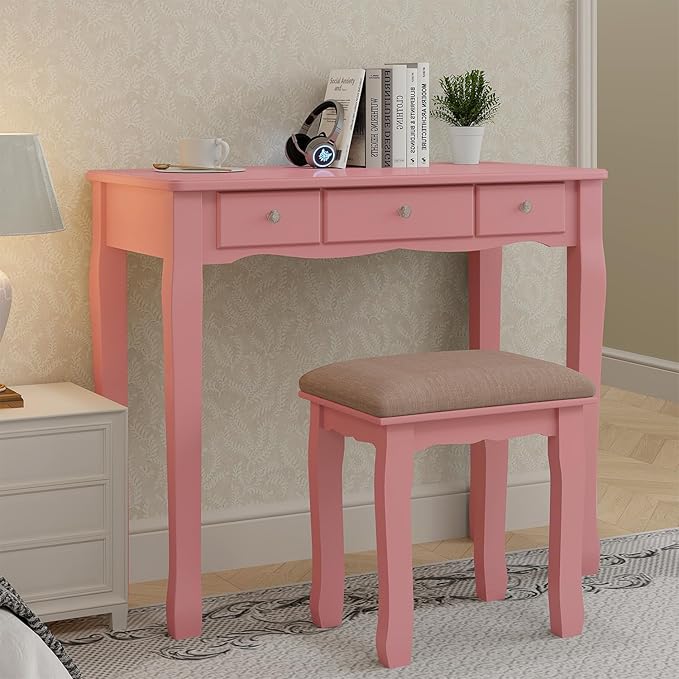 Pink Makeup Vanity Desk with Mirror Lights, Vanity Desk with Lights and Mirror, Makeup Vanity with Drawers and Kids Vanity