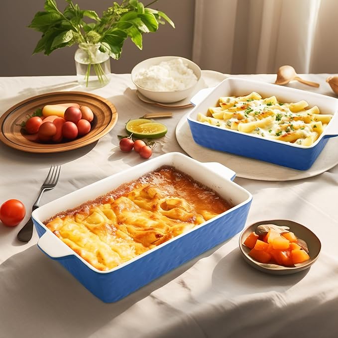 Casserole Dishes for Oven, Ceramic Baking Dishes, Lasagna Pan with Handles, Porcelain Baking Pan Deep, Bakeware for Baking, Cooking, Wedding Gift, Set of 3 (11.6" x 7.8", Dark Blue)