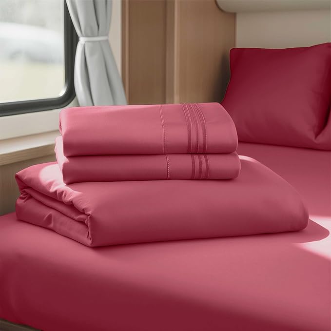 Clara Clark Bed Sheets, Premier 1800 Series 4 Piece RV Queen Sheet Set, Luxury Soft Sheets for RV Bunks, Short Queen - Burgundy Red
