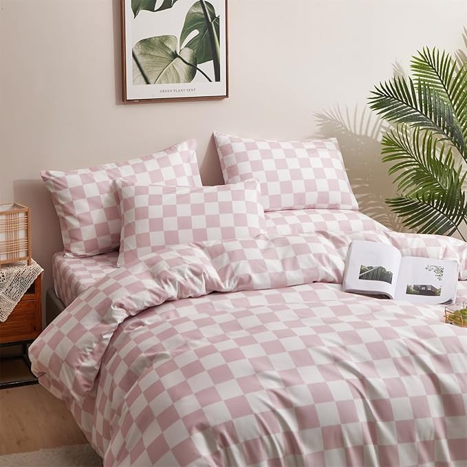 CLOTHKNOW Pink White Plaid Twin/Twin XL Comforter Set 3Pcs Grid Bedding Comforter Sets All Season Soft Checker Comforters with 2 x Pillow Cases