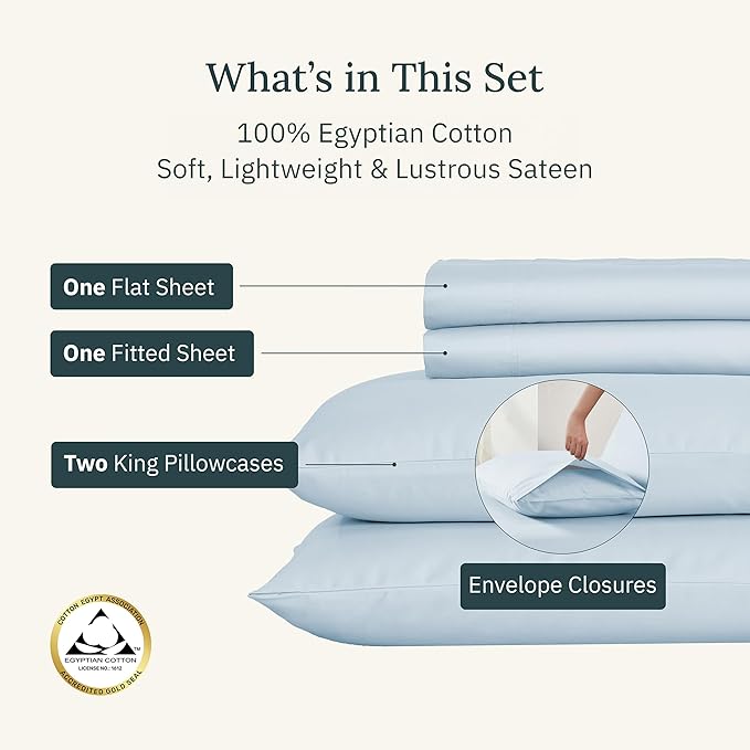 California Design Den Deep Pocket King Sheet Set - Certified 100% Egyptian Cotton Sheets, Soft Sateen, Deep Pockets with Anti-Skid Elastic, Cool and Durable Luxury Bedding - Light Blue