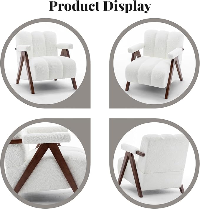 Mid Century Modern Accent Chair with Solid Wood Frame, Boucle Upholstered Living Room Chairs with Thick Cushion, Comfy Tufted Arm Chair for Bedroom, Ivory