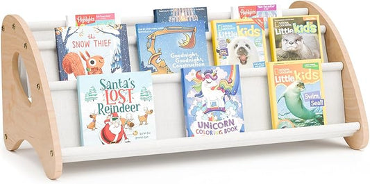 Toddler Bookshelf,4-Tier Book Rack Organizer with Fabric Storage Pockets, Wooden Bookshelves with Open Forward Display, Montessori Book Shelf for Nursery/Playroom, Natural/White