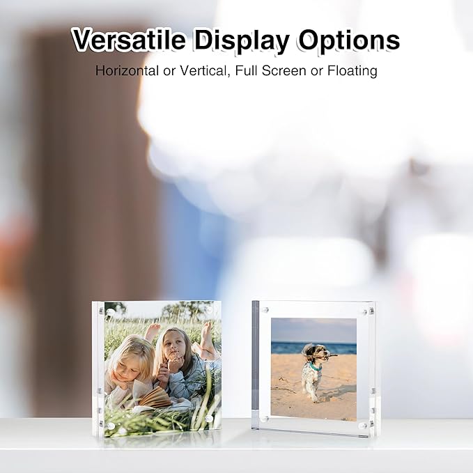 HOUSE DAY Acrylic Picture Frames 4x4, 2 Pack Magnetic 4 x 4 Picture Frame, Double Sided Clear 4x 4 Photo Frame with Microfiber Cloth, Frameless FreeStanding 4x4 Frame Gift for Desktop Display