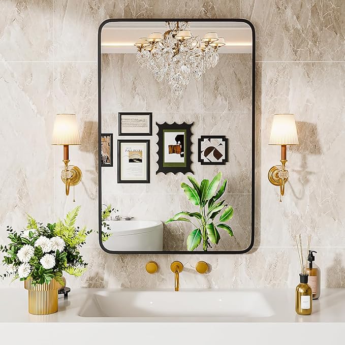 Bathroom Mirror 30" X 22" Wall Mount Dresser Metal Frame Rounded Rectangular Mirror Over Sink Vanity Hungs Horizontally Or Vertically for Bedroom, Entryway, Living Room,Black