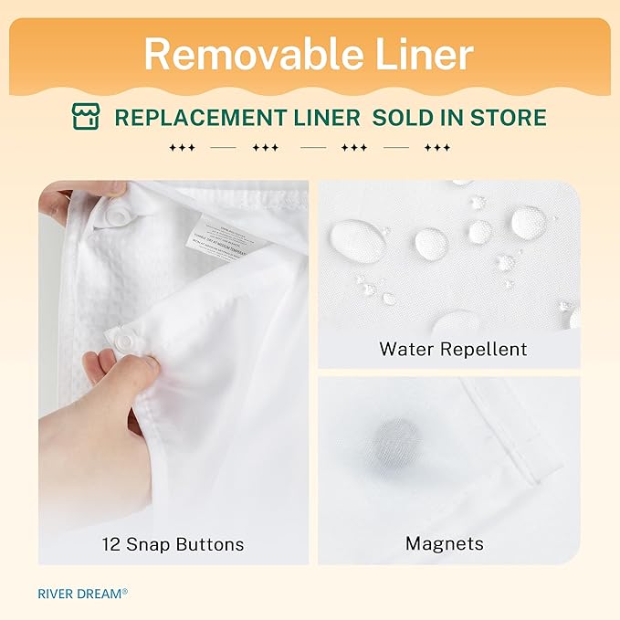 River Dream Heavyweight No Hooks Required Dotted Waffle Weave Shower Curtain with Snap in Liner，Bathroom Curtains Shower Set - 71W x 74H,Hotel Grade,Spa Like Bath Curtain,White