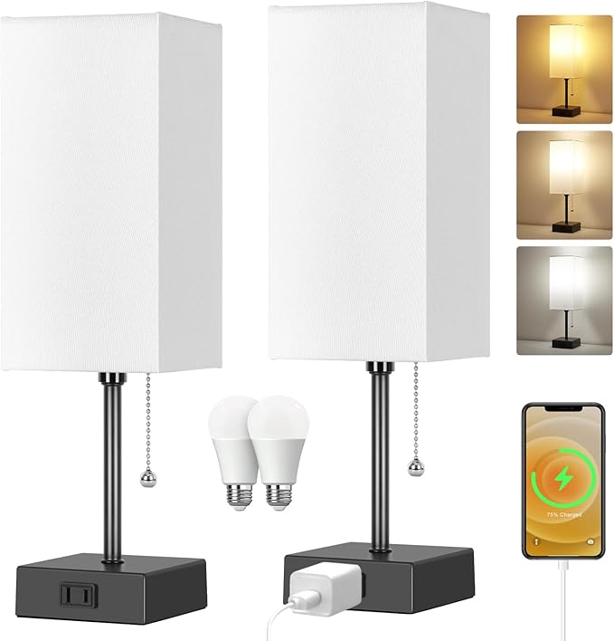 Dott Arts Table Lamp for Bedroom Set of 2,Minimalist Bedside Lamps with AC Outlets，Night Light 2700K 4000k 5000K Small Nightstand Lamps for Living Room Kids Room Office(Bulbs Included)