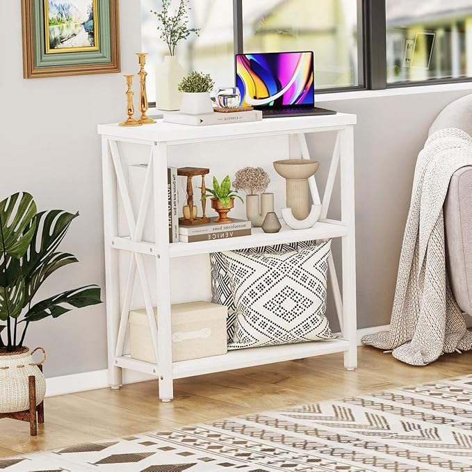 FATORRI Small Bookshelf for Small Space, Short Rustic Low Bookcase, Modern Wood and Metal Book Shelf and Narrow Book Case for Living Room, Hallway (White Oak)