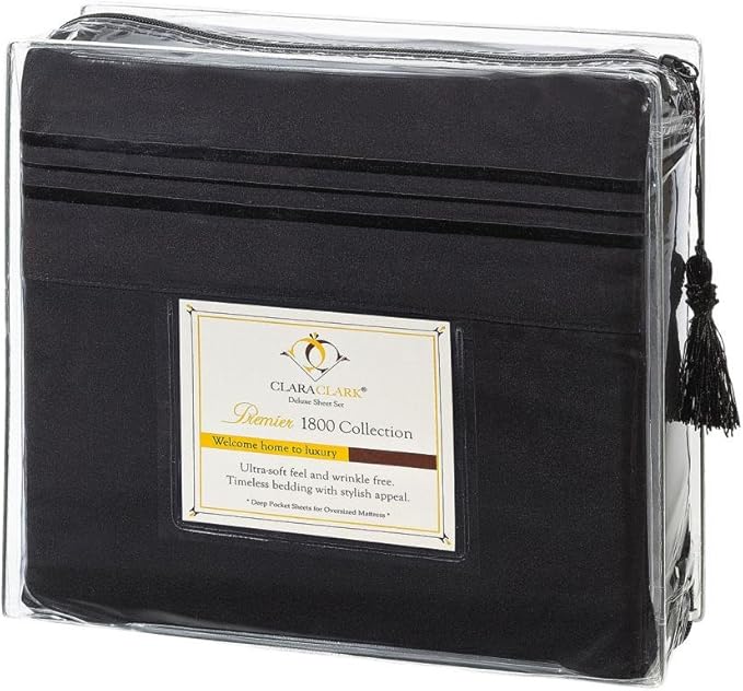 Clara Clark Bed Sheets, Premier 1800 Series 4 Piece Bed Sheet Set, Deep Pocket, Wrinkle, Fade, Stain Resistant, Luxury Soft Bedding Sheets & Pillowcases, Queen, Black