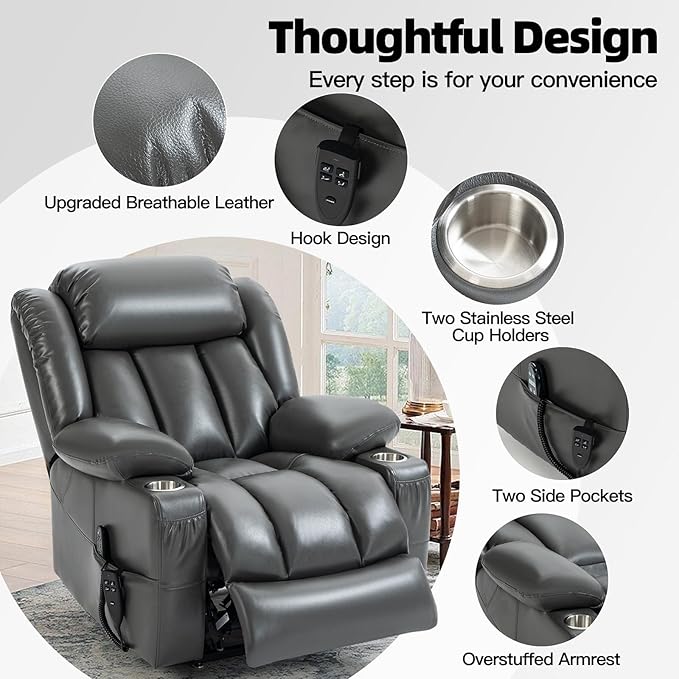 Lay Flat Lift Recliner Chair with Massage & Heat for Elderly People, Electric Power Lift Chair w/Dual Motor, 2 Stainless Steel Cup Holders and 2 Remote Controls, Breathable Faux Leather Grey