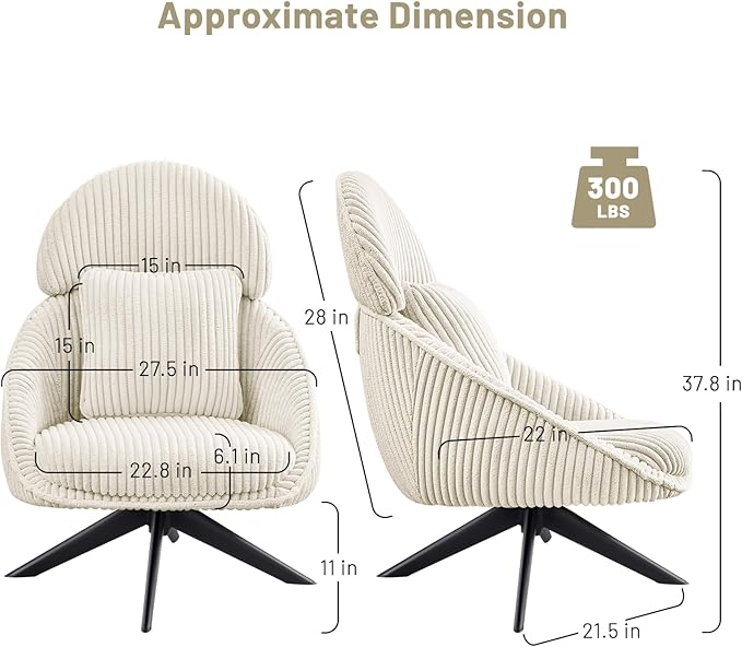 Furniliving Modern Accent Chair Upholstered Swivel Desk Chair for Living Room, Sofa Chair for Bedroom Armchair Side Chair with Headrest Bedroom Chair with Pillow Comfy Corduroy Chairs, Beige