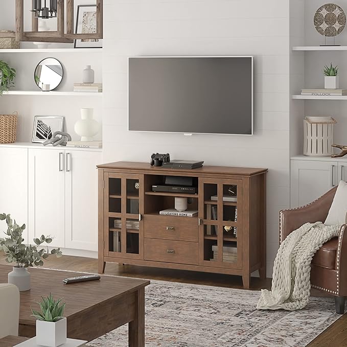 SIMPLIHOME Artisan SOLID WOOD 53 Inch Wide Contemporary TV Media Stand in Rustic Natural Aged Brown for TVs up to 60 Inches, For the Living Room and Entertainment Center