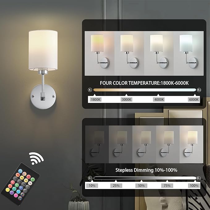 Battery Operated Wall Sconce Set of Two,Wireless Rechargeable Wall Light With Remote Control, Dimmable, 1800K/3000K/4000K/6000K/RGB, Timer, for Living Room, Bedroom, Fireplace, TV, 13.5 Inch, Chrome