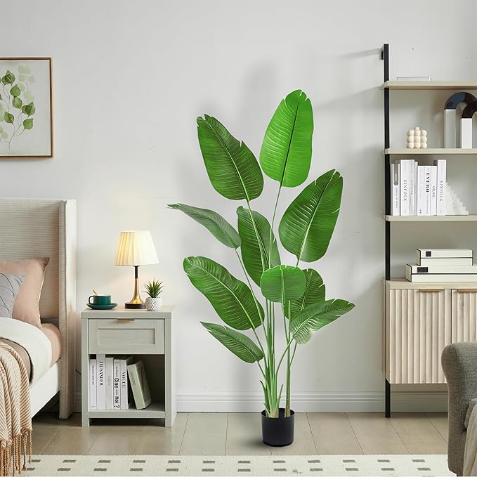 Birds of Paradise Plant Artificial, 5FT Fake Plants Faux Banana Leaf Tree with 10 Banana Leaves, Lifelike Tall Fake Tropical Palm Indoor Silk Floor Plant in Black Pot for House,Office,Room,Home Decor