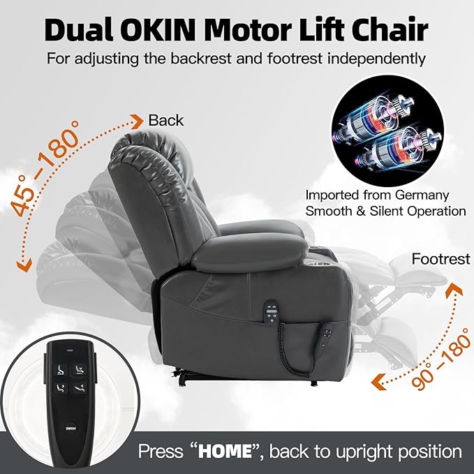 Lay Flat Lift Recliner Chair with Massage & Heat for Elderly People, Electric Power Lift Chair w/Dual Motor, 2 Stainless Steel Cup Holders and 2 Remote Controls, Breathable Faux Leather Grey