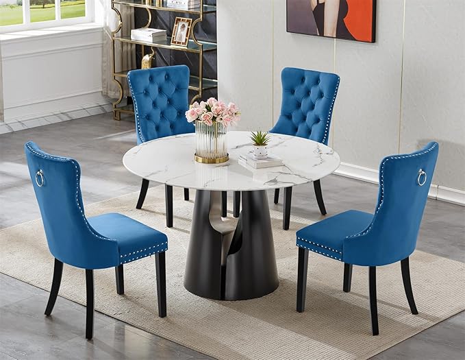 5-Piece Faux Marble Round Dining Table Set for 4, Modern Luxury Kitchen Table Set for 4 with Blue Tufted Chairs,Circle Dining Tables with White Marble Grain Top and Black Pedestal Base