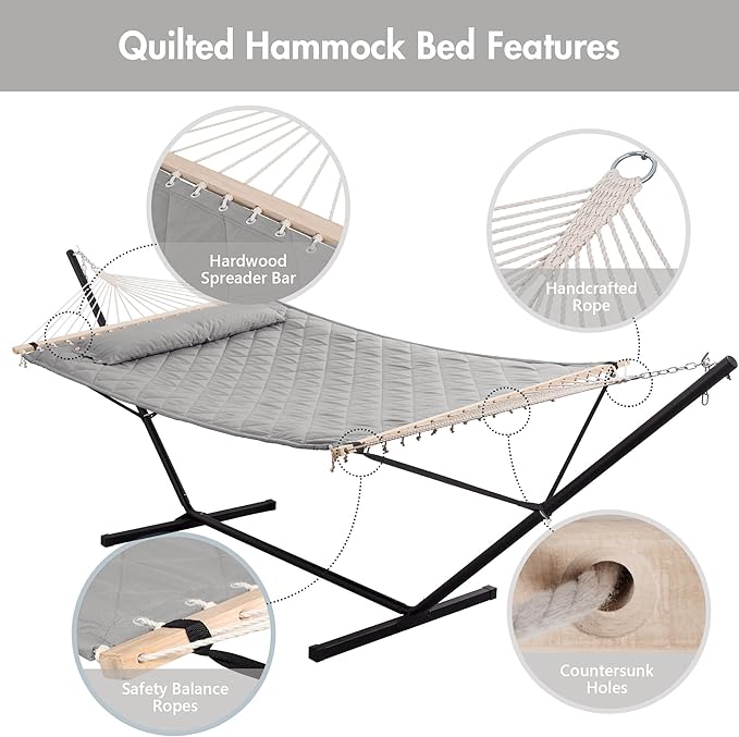 ANOW Double Hammock with Stand 12FT, Heavy Duty Hammocks with Stand for Outdoors, 450 LBS Weight Capacity, Light Gray