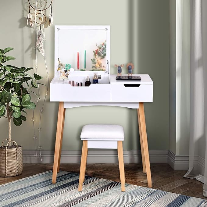 CHARMAID Vanity Table with Flip Top Mirror and Stool, Wooden Makeup Table Writing Desk with Drawer, Storage Compartment, Bedroom White Dressing Vanity Set for Kids Girls Women, Easy Assembly