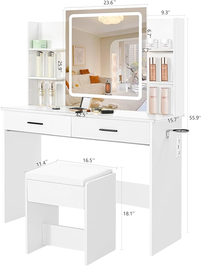 KAMABOKO Vanity Desk with Mirror, LED Lights and Power Outlet, Makeup Vanity Table with 2 Drawers and 6 Storage Shelves, Dressing Table for Bedroom Dressing Room (White)