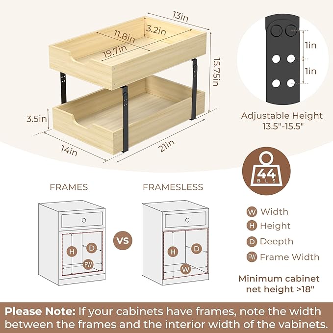 COOLBEBE Pull Out Drawer Organizer for Cabinets, 2 Tier Soft Close Cabinet Drawers Slide Out, 2 Layer Wood Double Tier Pull Out Shelves for Kitchen, Pantry, Bathroom