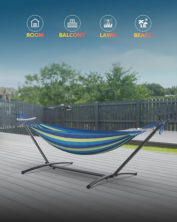 Double Hammock with Space-Saving Steel Stand, 2 Person Heavy-Duty Hammock for Garden, Yard or Outdoor, 600lbs Capacity, Wide Blue