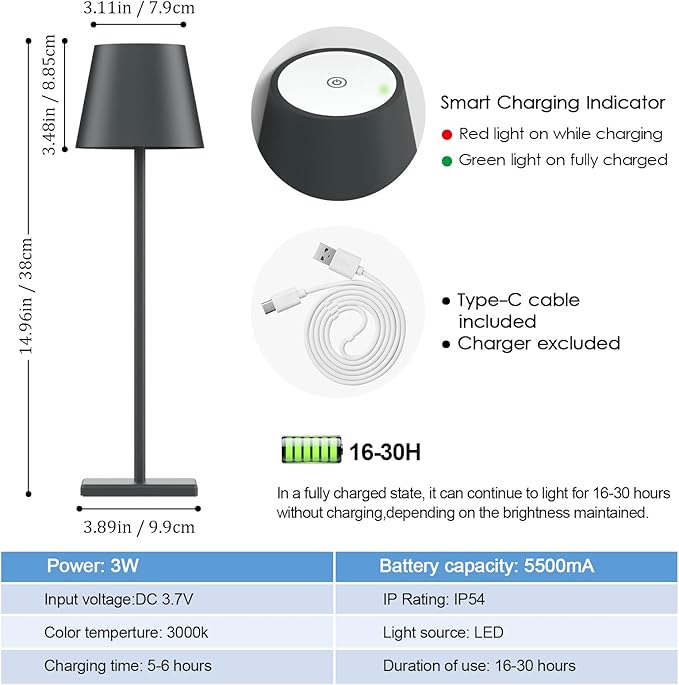 2 Packs LED Cordless Table Lamp, Rechargeable Battery Desk lamp 5500mAh Battery Operated Stepless Dimming Modern Portable Table Light for Restaurant/Table/Bedroom/Outdoor IP54 Waterproof (Anthracite)