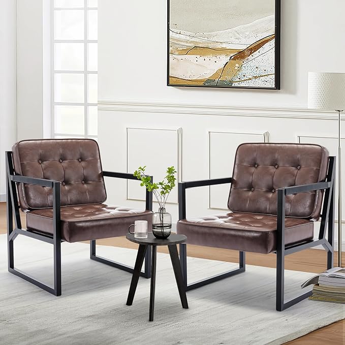 COLAMY Mid Century Modern Accent Chair Set of 2, Comfy Living Room Chair, Brown Leather Accent Chair, Faux Leather Reception Armchair with Metal Legs for Living Room Bedroom Reception Office, Brown