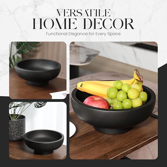 Concrete Fruit Bowl – Large Decorative Pedestal Bowl for Kitchen Counter, Entryway, or Coffee Table – Modern Catch – All Key Bowl – Heavyweight Centerpiece for Home Decor (Black)