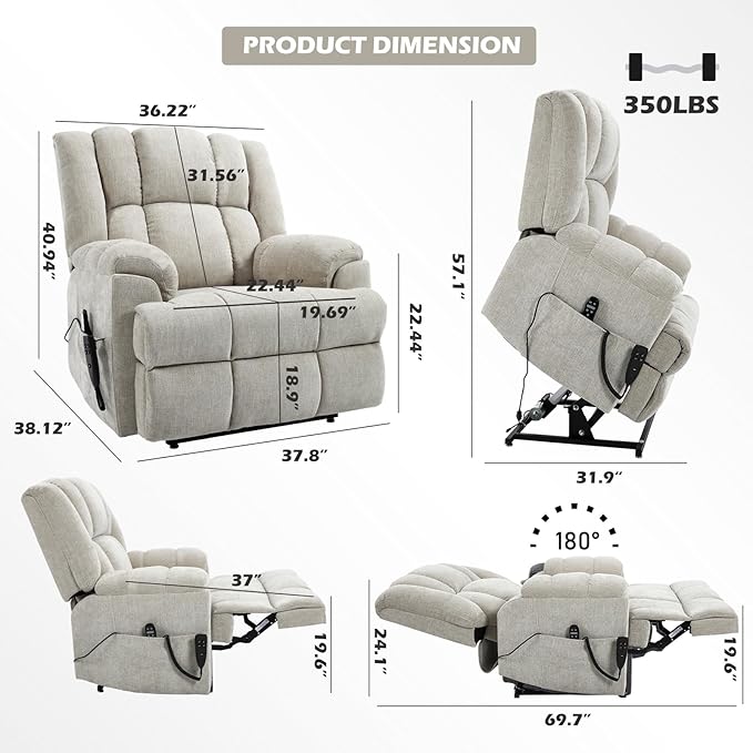 Power Lift Recliner Chair with Massage and Heat for Elderly People, Dual Motor Electric Lift Chair with Power-Remote, Medium-Firm and Heavy Duty, Chenille Fabric - Beige