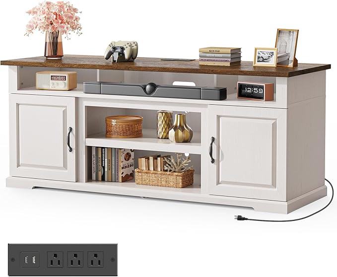 Amada Farmhouse TV Stand for TVs Up to 80 inches, Modern Entertainment Center TV Stand with Drawers Storage Cabinets, Adjustable Shelves, Rustic Media TV Console Table for Living Room, Bedroom, White